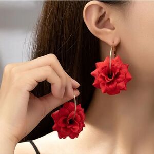 Hoop Earrings with Elegant Red Flower Design Unique and Bohemian Style